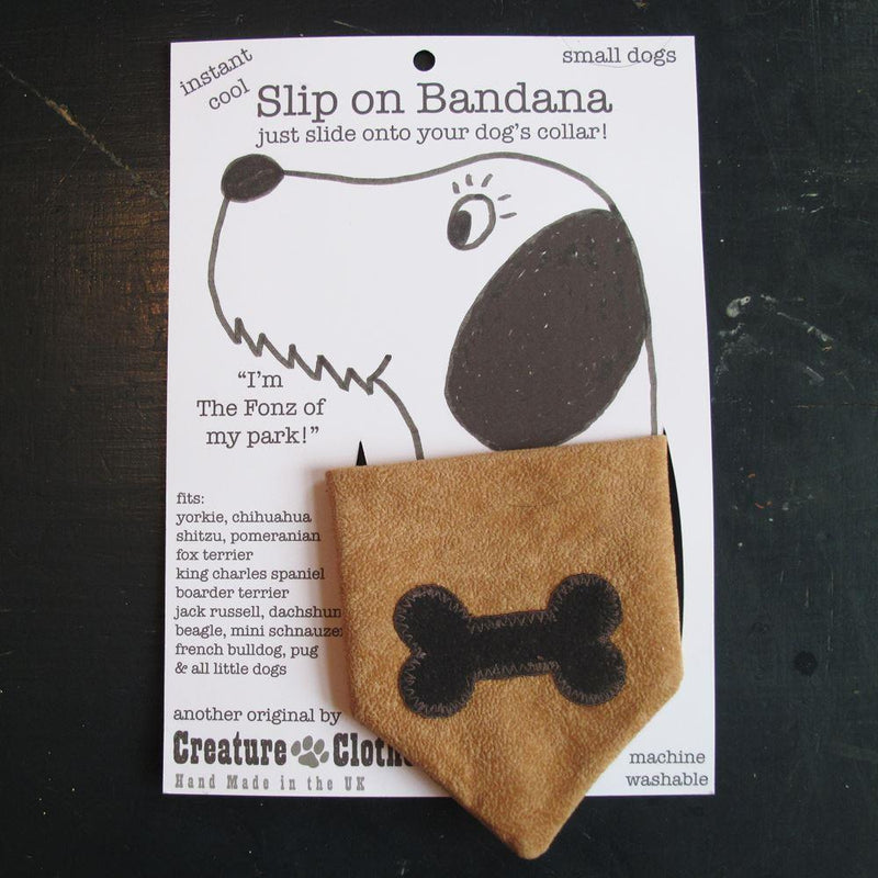 Creature Clothes - Slip on Bandana - Chocolate Bone on Tan Suedette - Handmade in the UK - Large