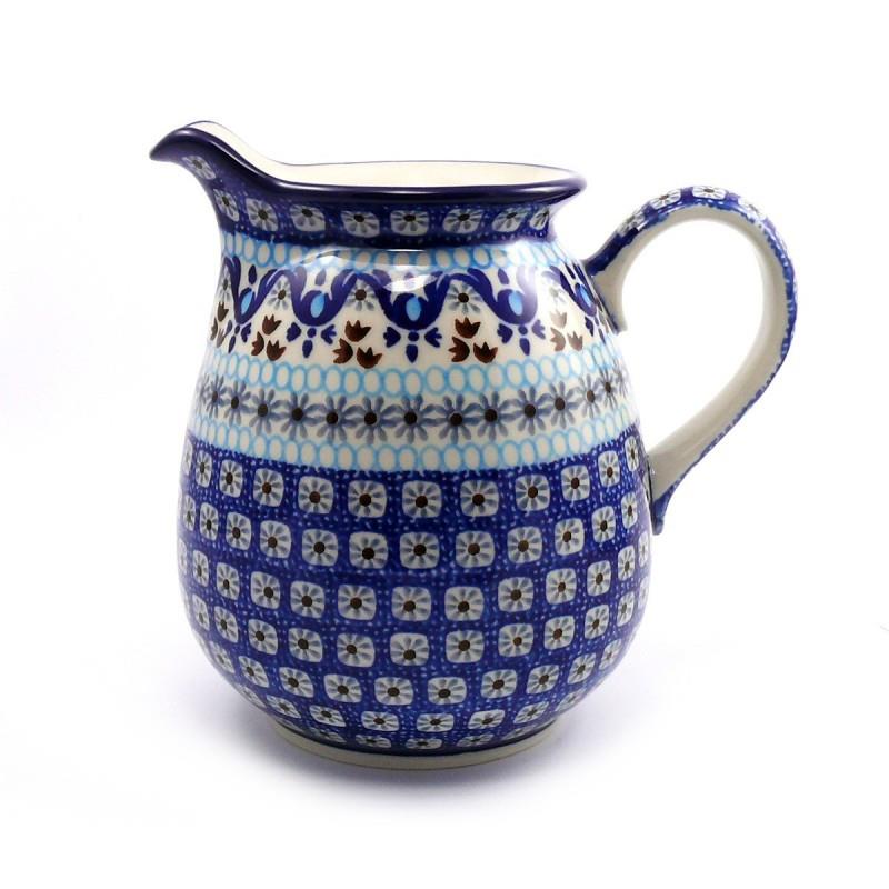 Water/Milk Jug - Blue Squares & Flowers - 1 Litre - 0078-1026X - Polish Pottery