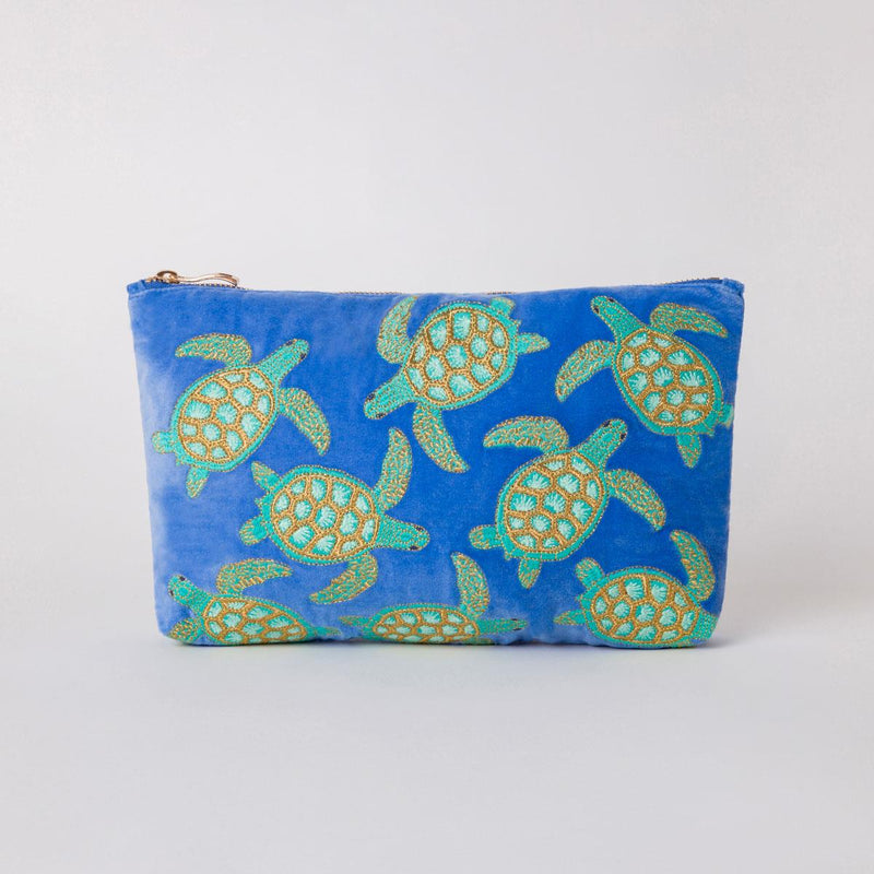 Elizabeth Scarlett - Velvet Everyday Pouch/Clutch - Turtle Conservation - 20 x 30cms - Carribean Blue