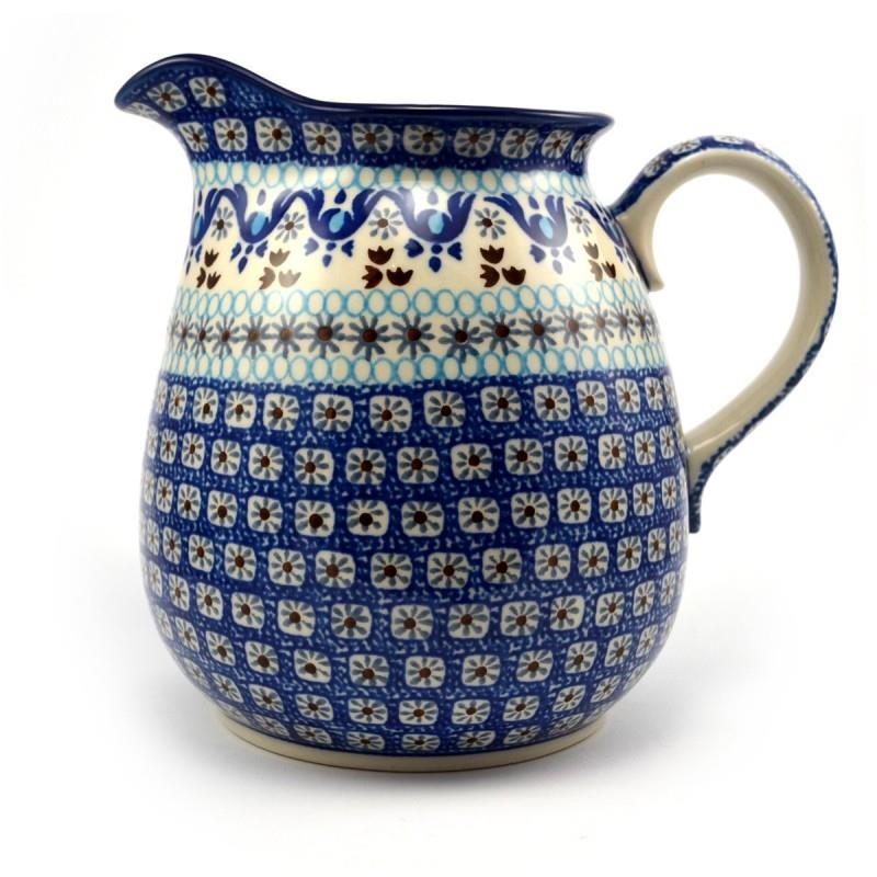 Flower/Water/Milk Jug - Blue Squares & Flowers - 1.5 Litre - 0077-1026X - Polish Pottery