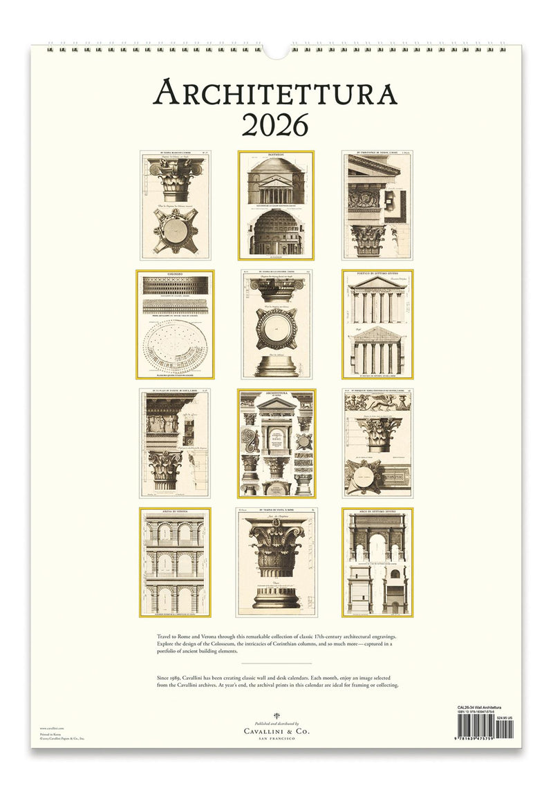 Cavallini - 2026 Wall Calendar - 13 x 19ins - Architecture/Architecttura
