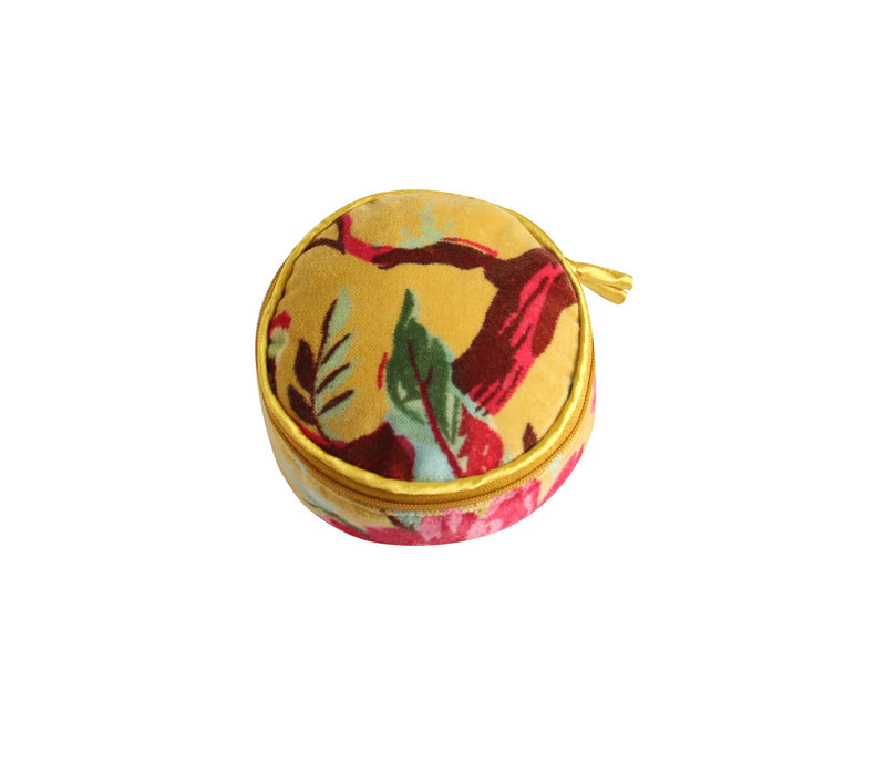 Earth Squared - Round Jewellery Pouch - Eden Velvet - Mustard Yellow Botanical - 10x10x5cms