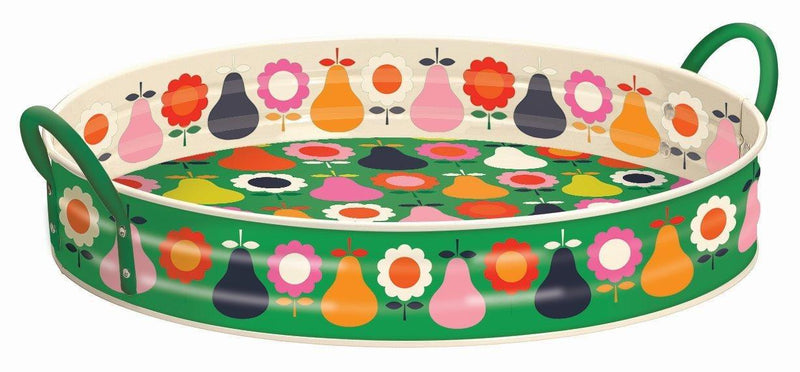Kate Rhees - Large Deep Round Tin Tray With Handles - Pears & Flowers