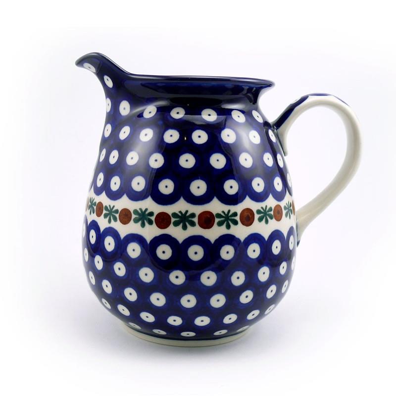 Water/Milk Jug - Flower Tendril/Blue With Red & White Spots - 1 Litre - 0078-0070X - Polish Pottery
