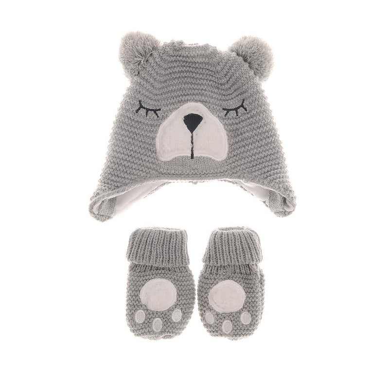 Baby Hat & Mittens Set - Grey Bear - 0-12 Months - Ziggle