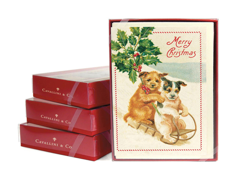 Cavallini - 10 x Glitter Greetings Christmas Cards/Notes - Christmas Dogs