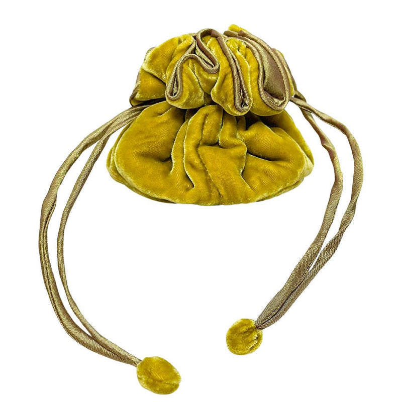 Lua - Round Velvet Draw-Pull Jewellery Pouch - Mustard Yellow - 12x9.5cms