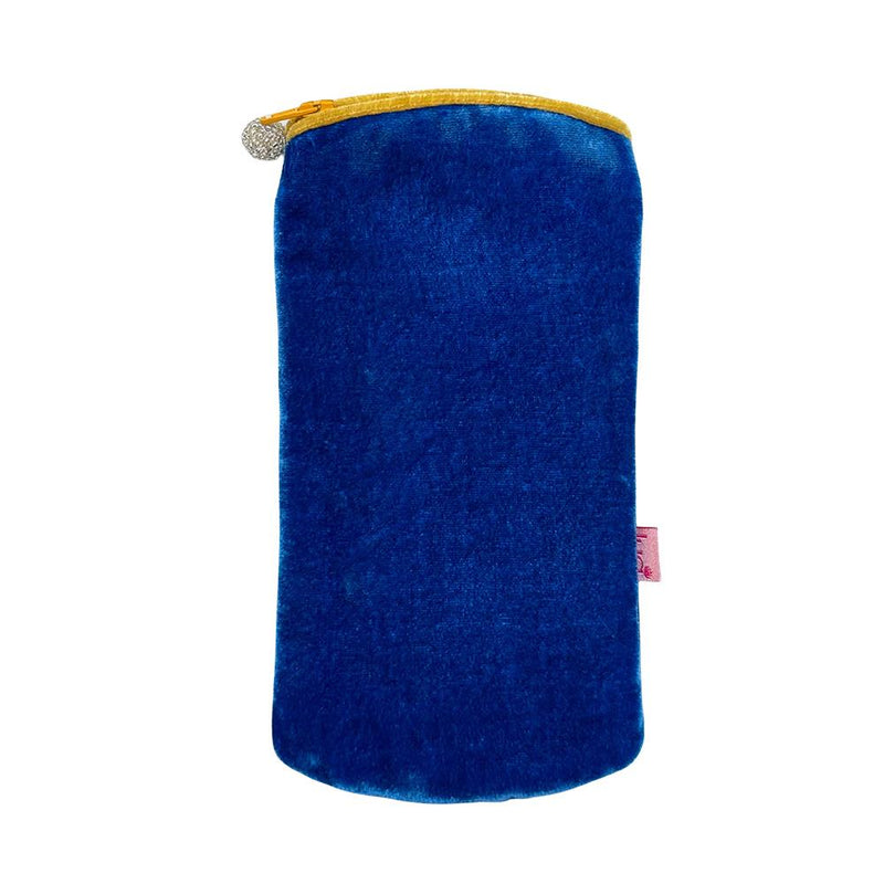 Lua - Velvet Spectacle/Glasses Case 9.5 x 19cms - Cerulean Blue/Yellow Zip