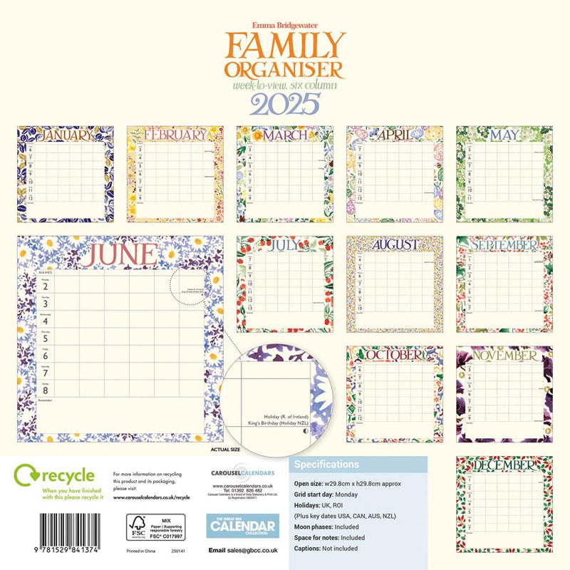 Emma Bridgewater - 2025 Family Wall Calendar - Week To View/6 Columns - Wildflowers