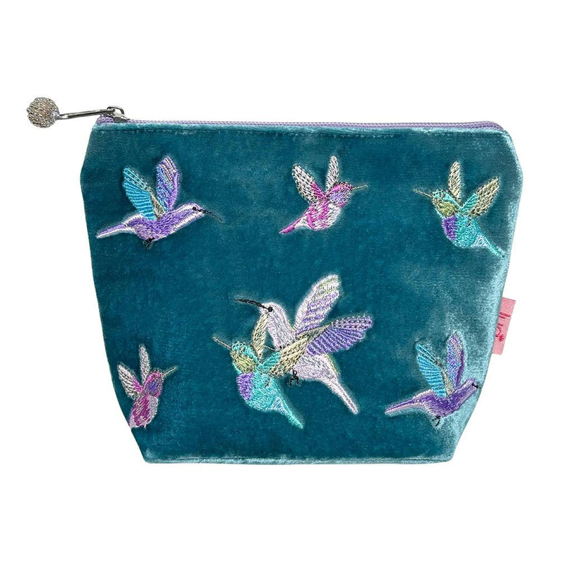 Lua - Velvet Cosmetic Make Up Bag/Purse - Hummingbirds - 18 x 14cms - Teal Blue/Green