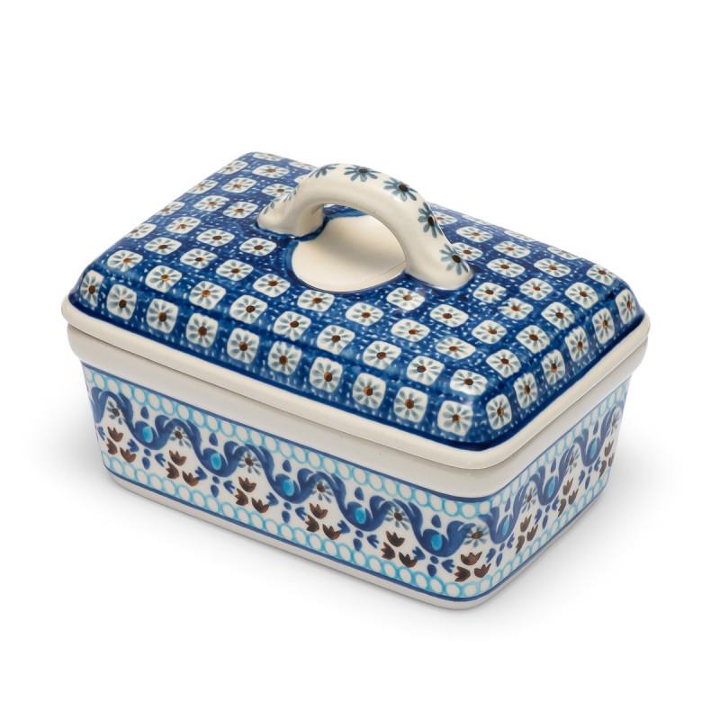 Butter Box - Blue Squares & Flowers - 0010-1026 - 10x14x9.5cms - Polish Pottery