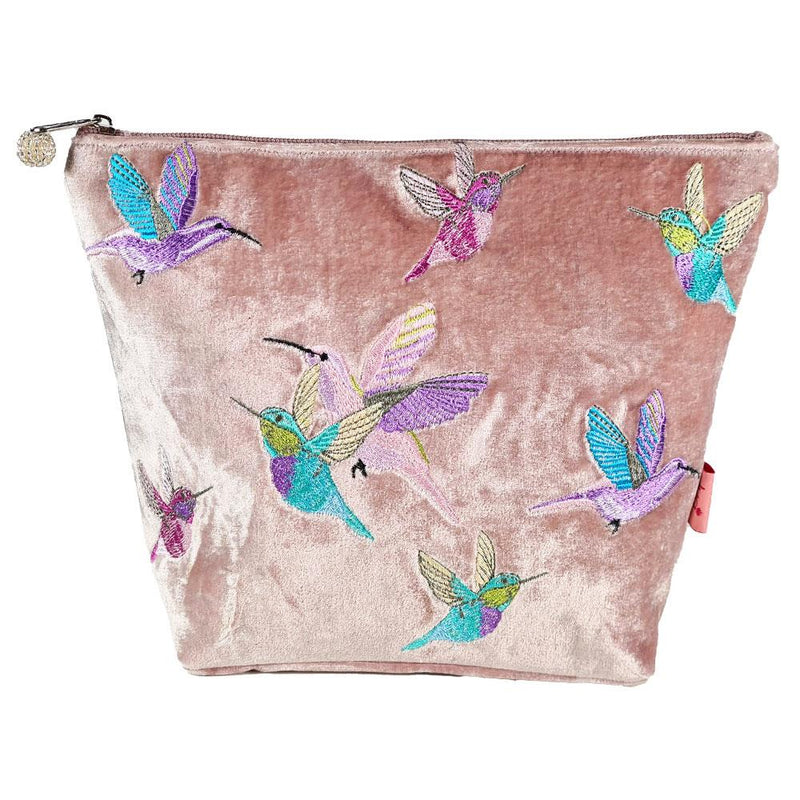 Lua - Large Velvet Cosmetic Make Up Bag/Purse - Hummingbirds - 19 x 24cms - Dusky Pink