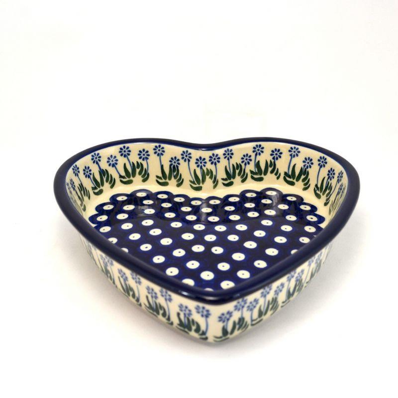 Heart Serving Dish - Daisies & Blue Spots - A49-0377EX - Polish Pottery