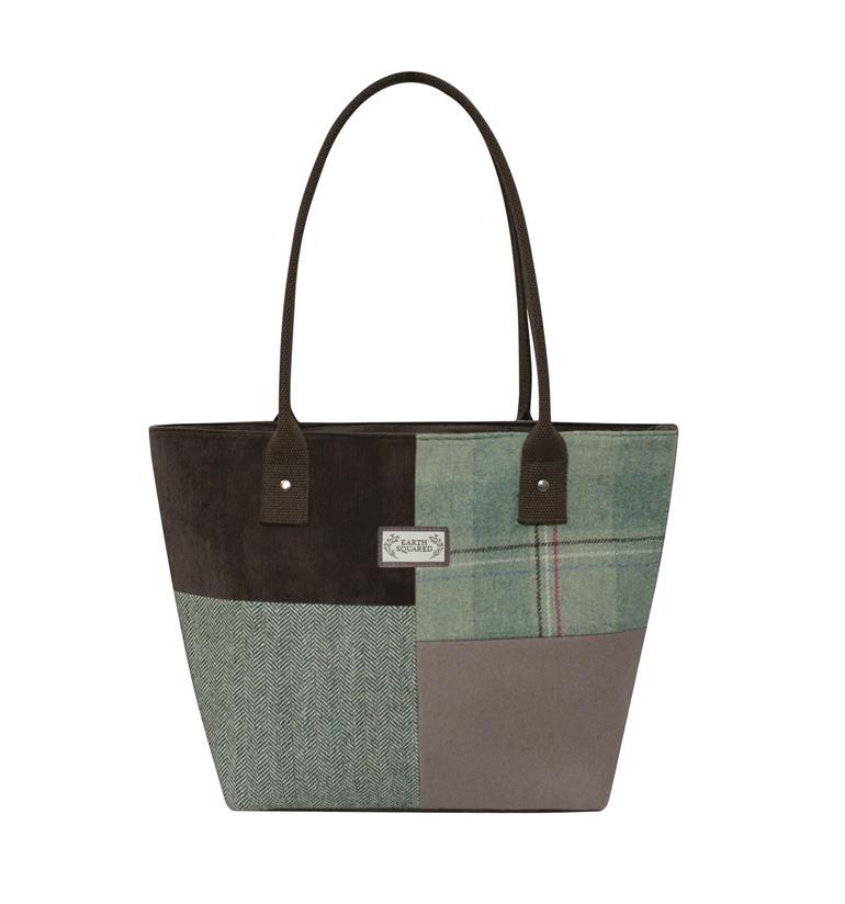 Earth Squared - Patchwork Tote Shoulder Bag - Fenton Tweed Wool - Brown/Green - 38x25x14cm