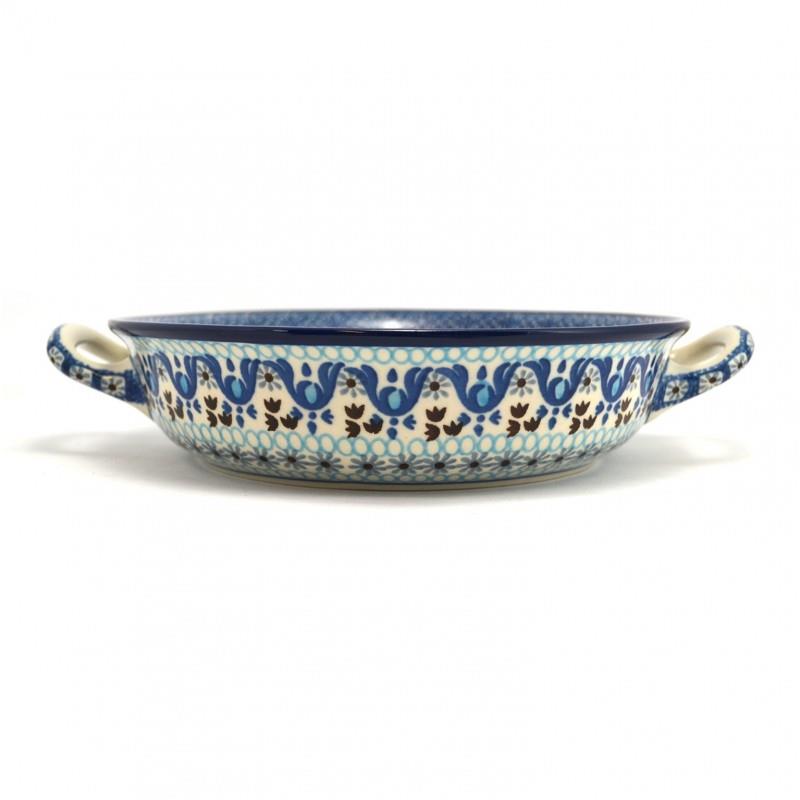 Round Oven Dish With Handles - Blue Squares & Flowers - 21.5cms - 0419-1026X - Polish Pottery