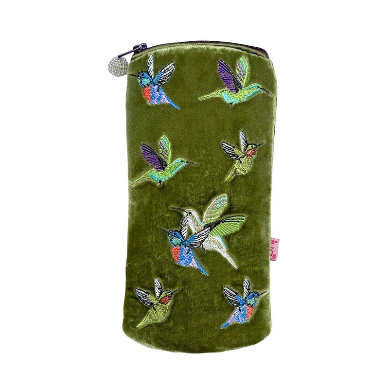 Lua - Velvet Spectacle/Glasses Case - Hummingbirds - 9.5 x 19.5cms - Olive Green