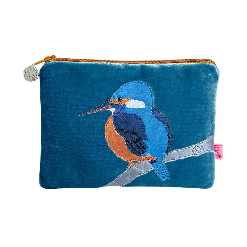 Lua - Velvet Coin Purse - Kingfisher - Appliqued Bird - 11 x 16cms - Teal Blue