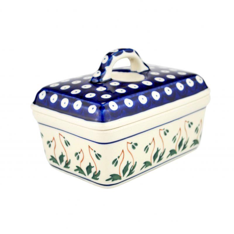 Butter Box - Blue Dots With Green Mistletoe - 0010-0377B - 10x14x9.5cms - Polish Pottery