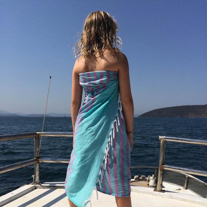 Clara Hammam Beach Towel - Navy/Turquoise - Ailera 90x180cms