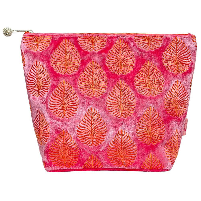 Lua - Large Velvet Cosmetic Make Up Bag/Purse - Embroidered Leaf - 19 x 24cms - Flamingo Pink/Orange Leaves