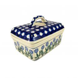 Butter Box - Daisies & Blue Spots - 0010-0377E - 10x14x9.5cms - Polish Pottery