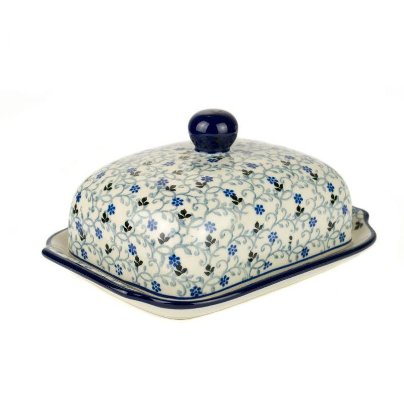 Butter Dish - Blue/Black Tiny Flowers - 0295-1991X - 9 x 17 x 13cms - Polish Pottery