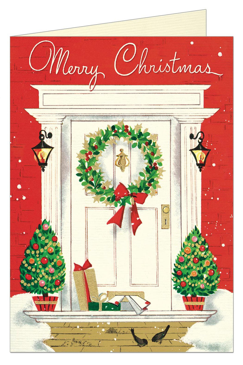 Cavallini - 10 x Glitter Greetings Christmas Cards/Notes - Christmas Doorway & Wreath