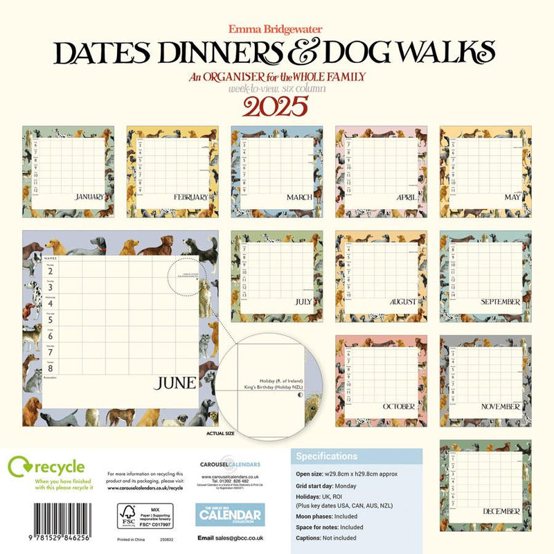 Emma Bridgewater - 2025 Family Wall Calendar - Week To View/6 Columns - Dogs, Dinners & Dates