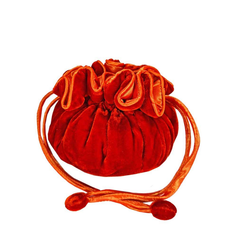 Lua - Round Velvet Draw-Pull Jewellery Pouch - Orange - 12x9.5cms