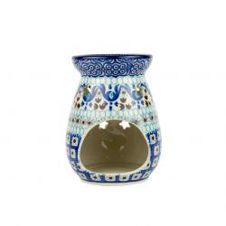 Aromatherapy Oil Burner - Blue Squares & Flowers - Star Light Holes - D08-1026X - 11cms - Polish Pottery