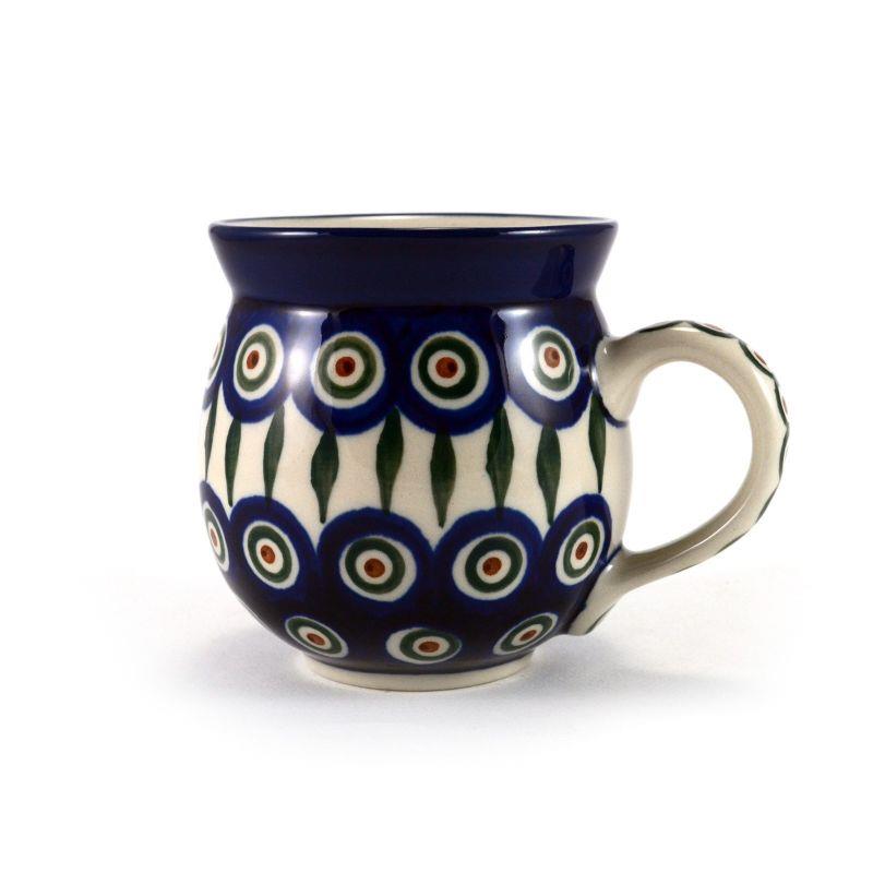 Medium Round Mug - Green, Red & White Spots - Peacock - 350ml - 0070-0054X - Polish Pottery