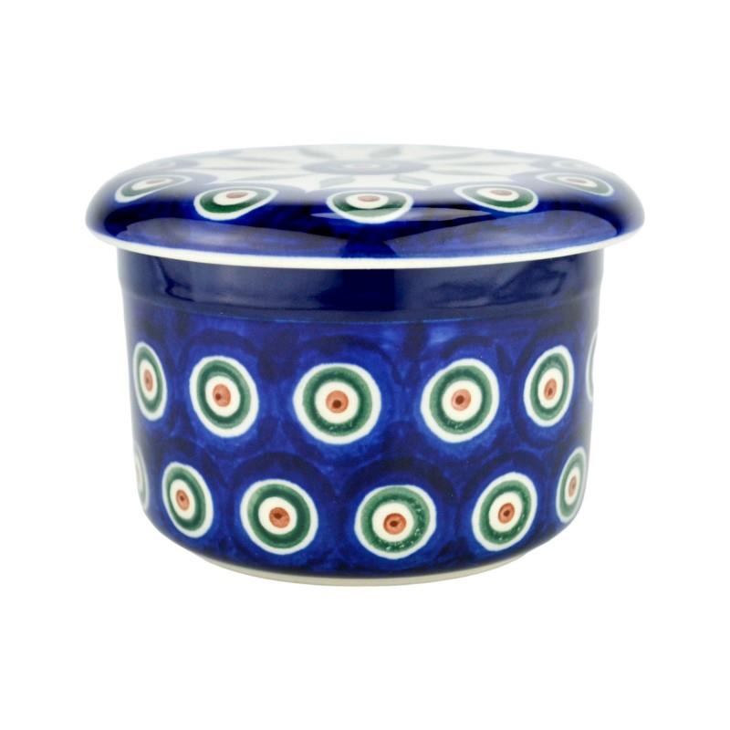 Butter Bell/Crock - Green, Red & White Spots - Peacock - 0270-0054X - 11 x 8cms - Polish Pottery