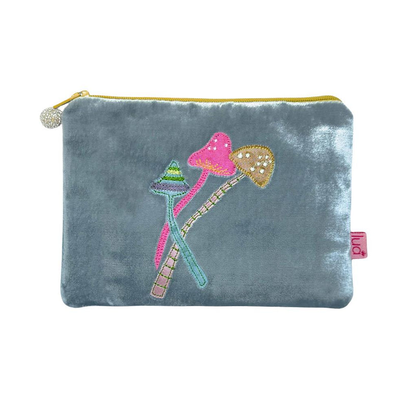 Lua - Velvet Coin Purse - Three Toadstools - 11 x 16cms - Light Blue Grey