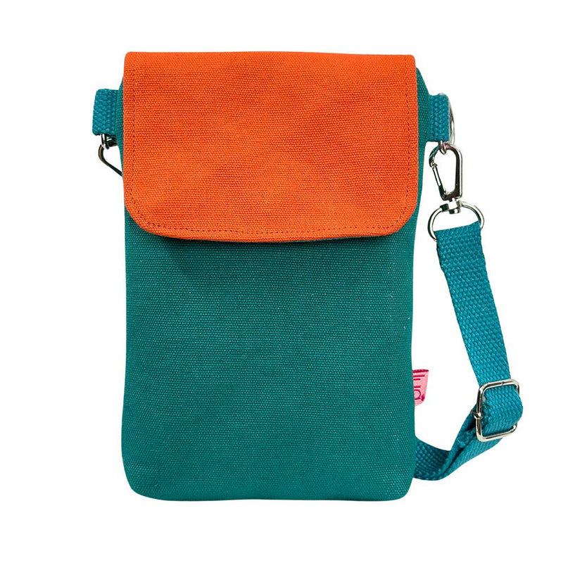 Lua - Thick Cotton Canvas Mobile Phone Pouch/Crossbody Bag - Marine Green/Orange  - 13 x 19cms
