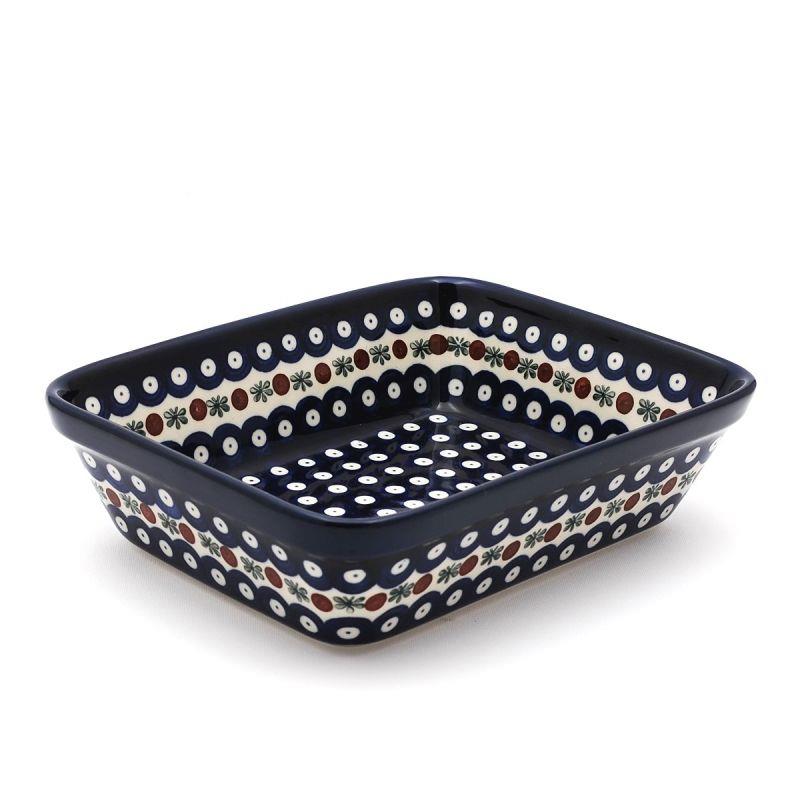 Lasagne Dish - Flower Tendril/Blue With Red & White Spots - 25 x 19.5 x 6.5cms - 0404-0070X - Polish Pottery