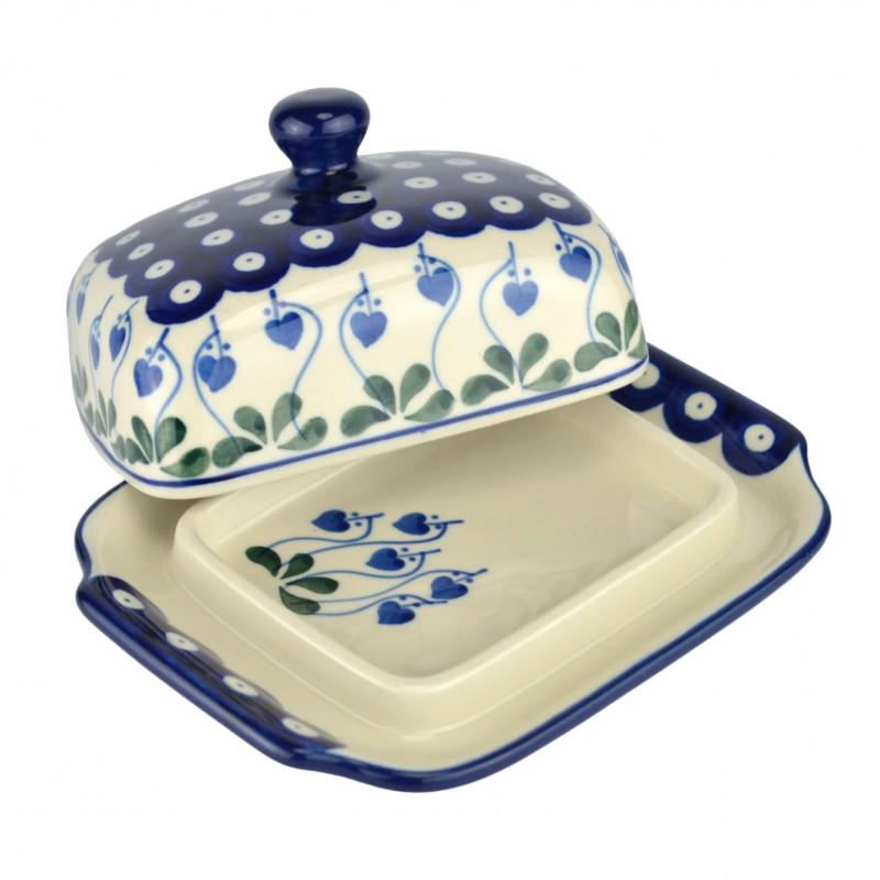 Butter Dish - Blue Dots With Flower Buds - 0295-0377OX - 9 x 17 x 13cms - Polish Pottery