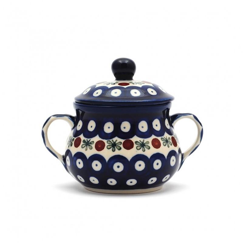 Sugar Bowl With Lid - Flower Tendril/Blue With Red & White Spots - 9x12x8.5cms - 0035-0070X - Polish Pottery