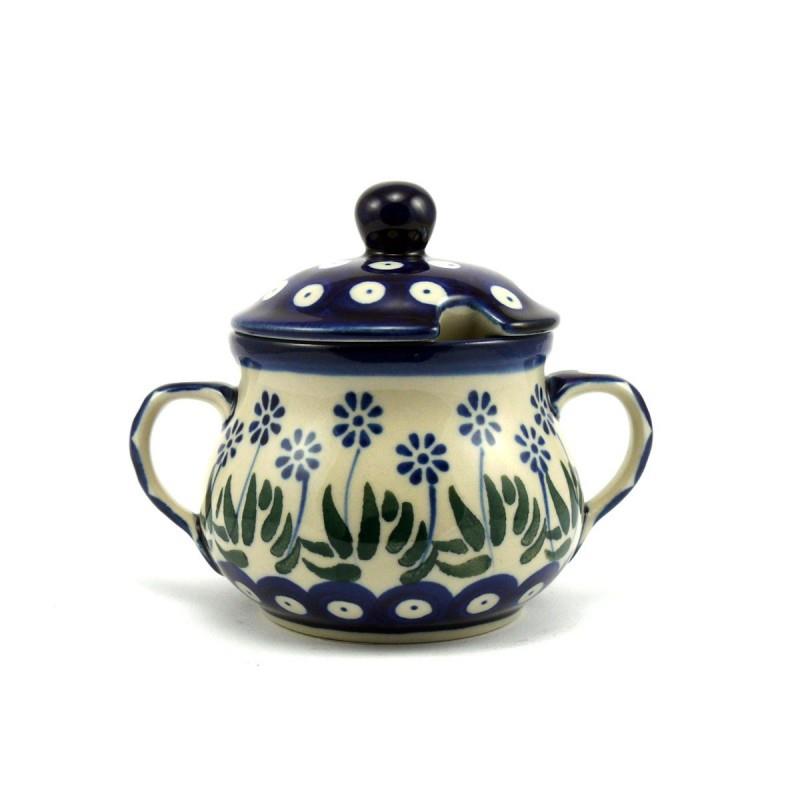 Sugar Bowl With Lid - Daisies & Blue Spots - 9x12x8.5cms - 0035-0377EX - Polish Pottery