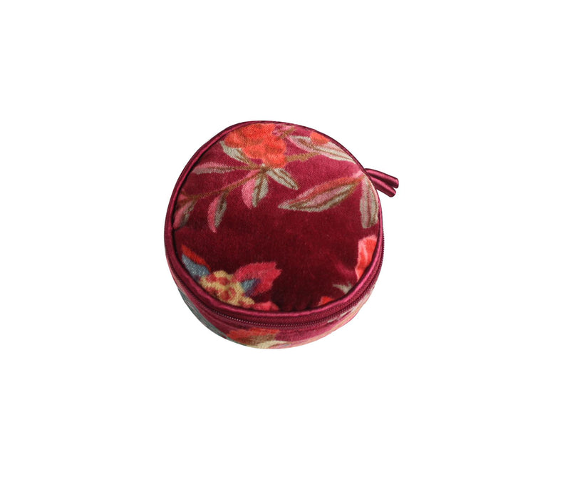 Earth Squared - Round Jewellery Pouch - Eden Velvet - Red Botanical - 10x10x5cms