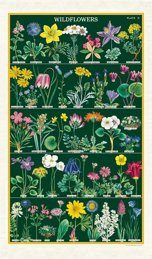 Cavallini - 100% Natural Cotton Vintage Tea Towel - 80 x 47cms - Wildflowers (Dark Green)