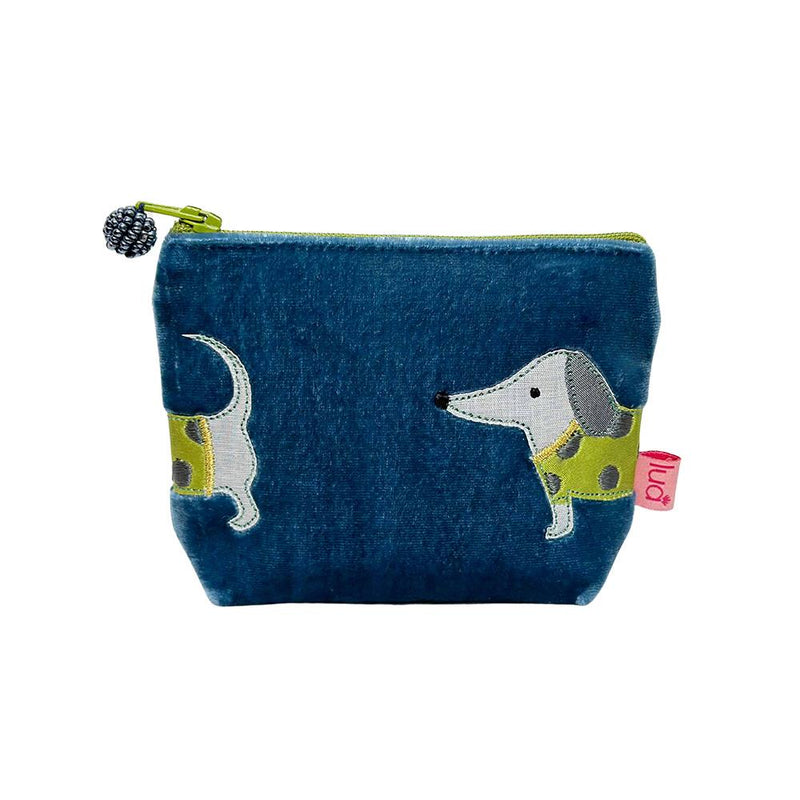 Lua - Velvet Mini Coin Purse  9 x 11cms - Appliqued Sausage Dog - Teal Blue/Green Dog