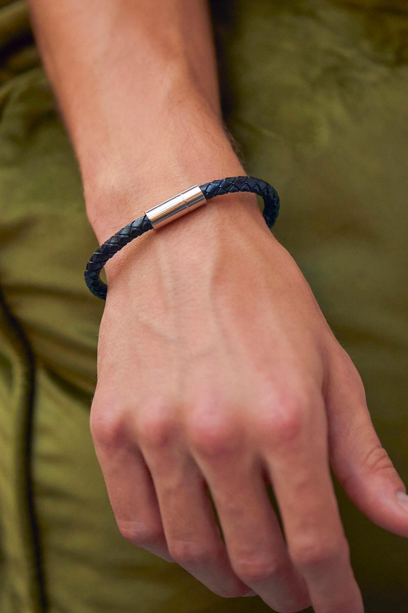 Plaited Leather & Stainless Steel Bracelet - Navy Blue - Gift Boxed - Bartlett For Men