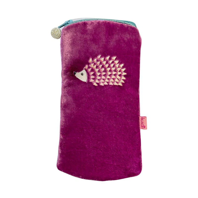 Lua - Velvet Spectacle/Glasses Case - Embroidered Hedgehog - 9.5 x 19.5cms - Mulberry & Light Pink