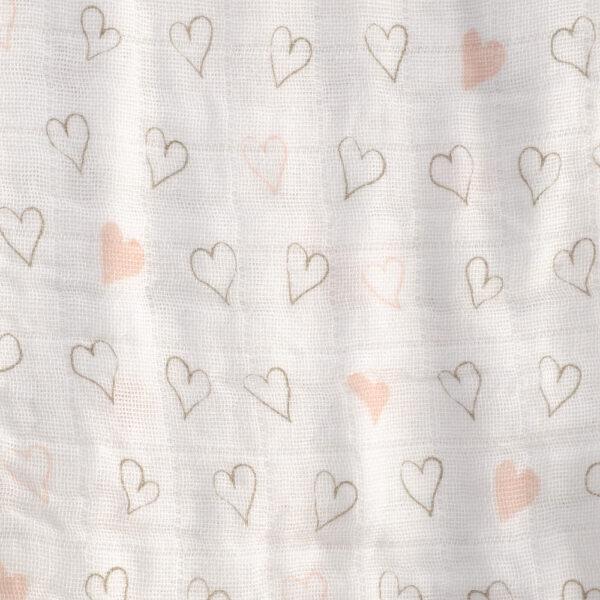 Large Single Muslin - Dusky Pink Hearts - 80x80cms - Suitable From Birth - Ziggle