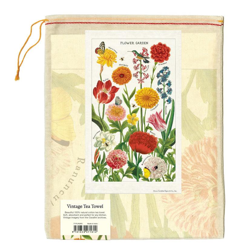 Cavallini - 100% Natural Cotton Vintage Tea Towel - 80 x 47cms - Flower Garden