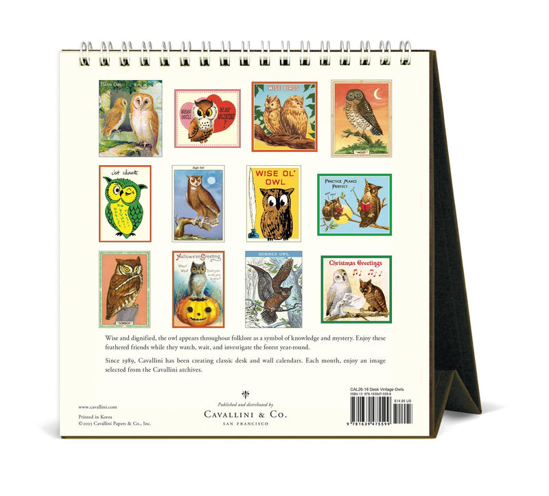 Cavallini - 2026 Desk Calendar - 6 x 6.5ins - Vintage Owls