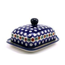 Butter Dish - Flower Tendril/Blue With Red & White Spots - 0295-0070X - 9 x 17 x 13cms - Polish Pottery