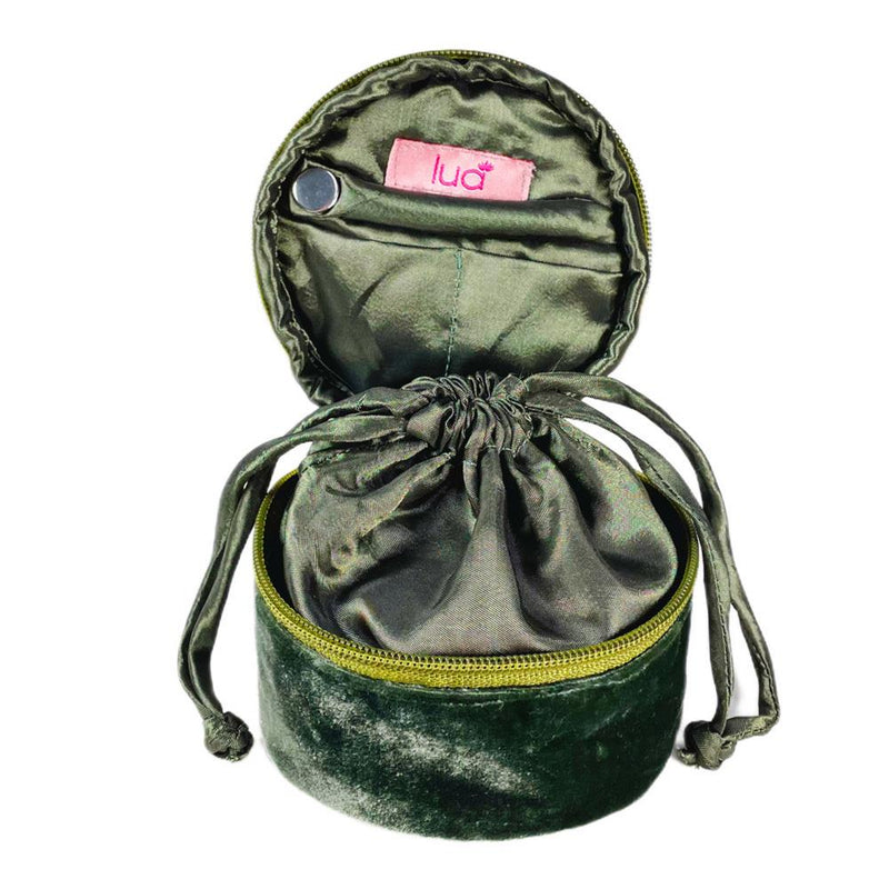 Lua - Round Velvet Jewellery Pouch - Greenfinch Bird & Flowers - Dark Sage Green - 11x11x5.5cms