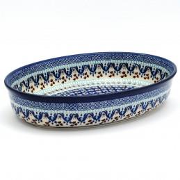 Oval Dish - Blue Squares & Flowers - 31x21.5x6cms - 0297-1026X - Polish Pottery