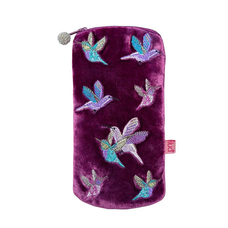 Lua - Velvet Spectacle/Glasses Case - Hummingbirds - 9.5 x 19.5cms - Plum/Magenta/Purple